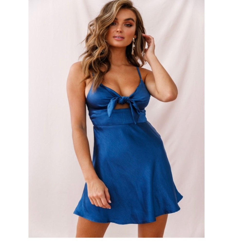 NWT Starry Night Satin Bust-Tie Mini Dress Navy